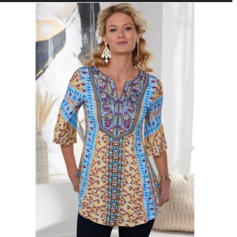 Soft Surroundings Velvet Contrast Floral Embroidered‎ Tunic Top